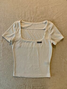 Dazy Cream Ribbed Square Neck Fitted Top Size M Short Sleeve Minimalist